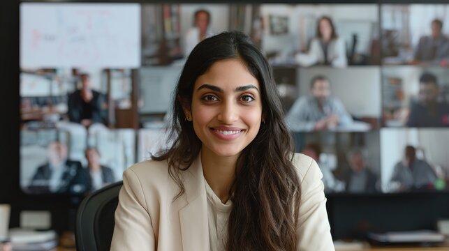 Confident woman smiling during virtual meeting while leading a diverse global team on screen.