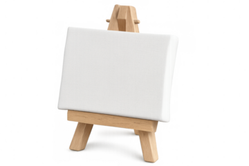 Blank white canvas mounted on wooden easel, waiting for artistic expression against transparent backdrop