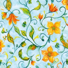 Orange flowers and green leaves create a watercolor pattern