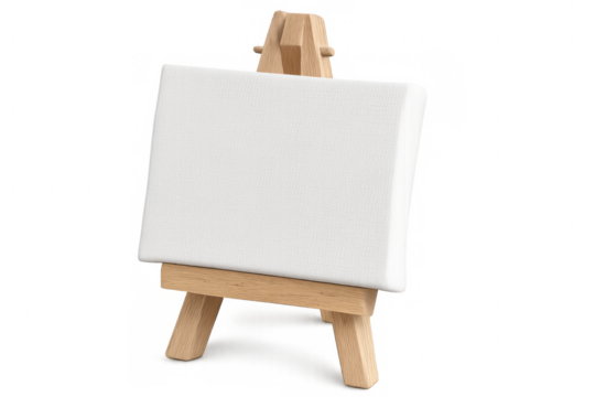 Blank white canvas mounted on wooden easel, waiting for artistic expression against transparent backdrop