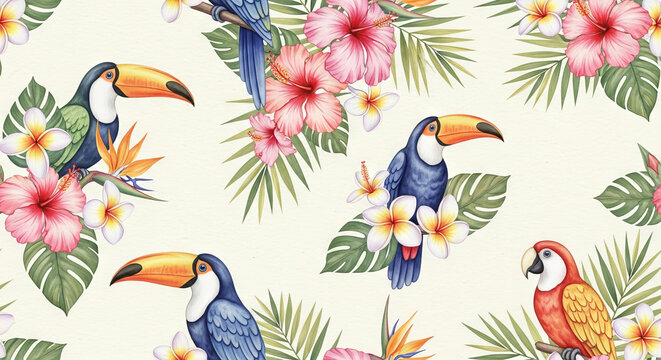Watercolor seamless pattern featuring tropical toucans, parrots, hibiscus, and plumeria flowers on an exotic jungle leaf background.
