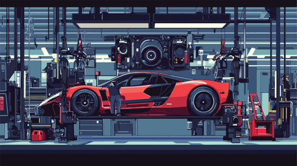 Modern Car Production Assembly Line Flat Vector Illustration