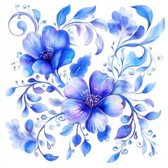 Blue watercolor flowers isolated on white background