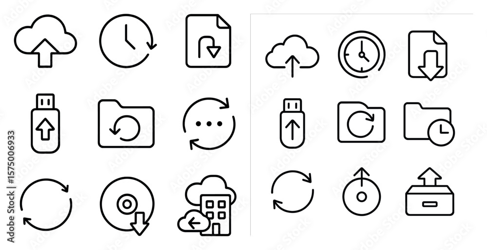 Poster collection of icons for various computer functions. the icons include a clock, a file, a cloud, and 