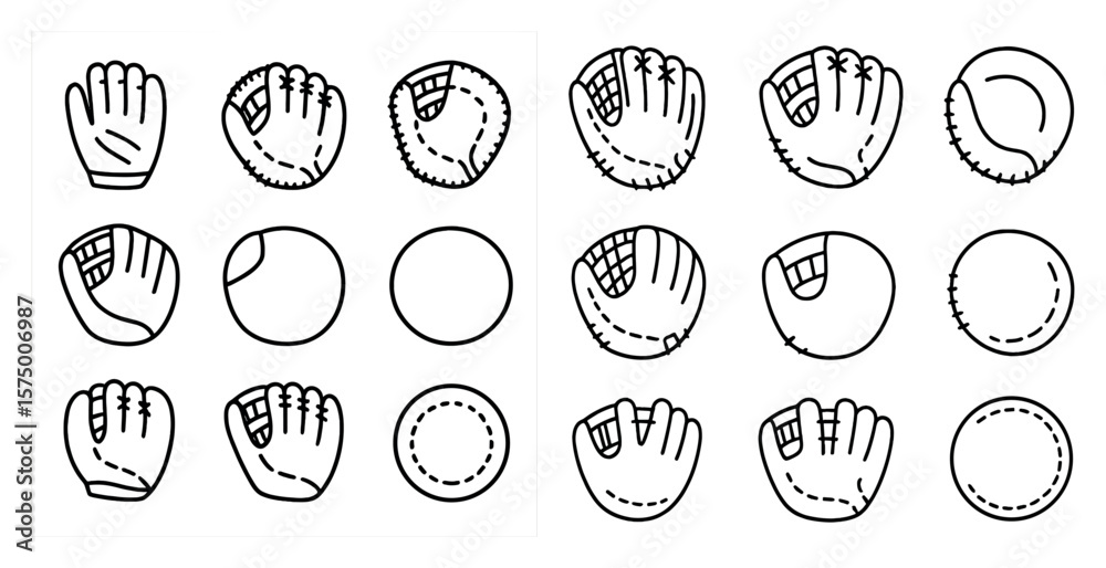 Fototapete The image is a set of baseball gloves, with each glove having a different design. The gloves are arranged in a grid, with some gloves overlapping each other. Scene is playful and fun