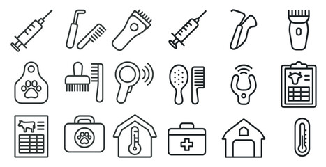 Set of medical and veterinary tools and supplies. The tools include a syringe, a thermometer, a stethoscope, and a pair of scissors. The supplies include a clipboard, a bottle, and a box