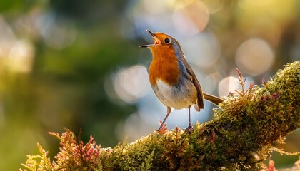 european robin erithacus rubecula singing in spring forest with beautiful bokeh background european robin erithacus rubecula known simply as the robin or robin redbreast