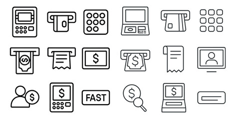 Set of icons for various financial transactions, including a credit card reader, a cash register, and a receipt printer
