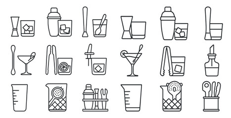 Set of cocktail glasses and utensils are shown in a line. The utensils include a spoon, a knife, and a strainer. The glasses include a martini glass, a wine glass, and a shot glass