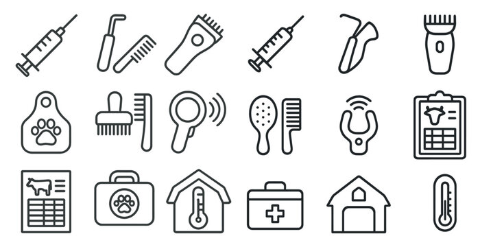 Set of medical and veterinary tools and supplies. The tools include a syringe, a thermometer, a stethoscope, and a pair of scissors. The supplies include a clipboard, a bottle, and a box