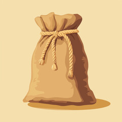 Brown Sack Closed with Rope Flat Vector Illustration