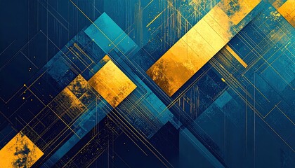 Abstract: blue and gold geometric shapes with intersecting lines.