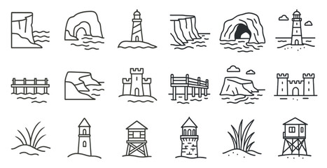 Series of images of lighthouses and other coastal structures. The mood of the images is serene and peaceful, with the lighthouses and other structures dotting the water