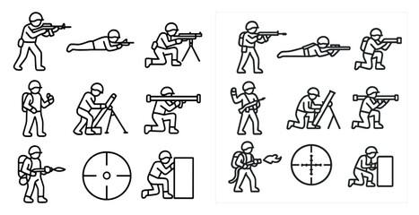 The image is a series of black and white drawings of soldiers in various positions, including one holding a rifle and another holding a camera. Scene is serious and focused