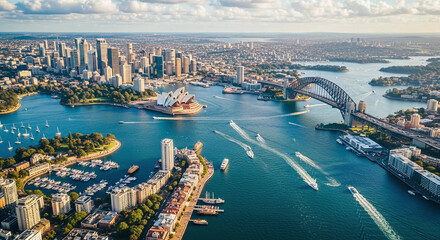 Obraz premium An aerial view captures the iconic sydney skyline with the opera house and harbour bridge gracing the waterfront