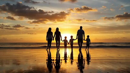Silhouette of a large family on a beach at sunset - Powered by Adobe