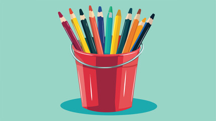 Colorful Bucket with Crayons Flat Vector Illustration