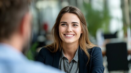 Obraz premium Beautiful brunette woman smiles genuinely during a business meeting in modern office environment setting while listening
