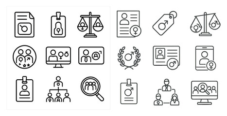 Set of icons for a company logo. The icons include a person with a magnifying glass, a scale, a person with a badge, and a person with a computer