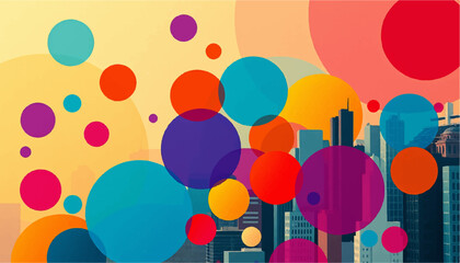 Bright and modern cityscape art featuring colorful circles overlaying urban architecture, perfect for design projects and digital media.