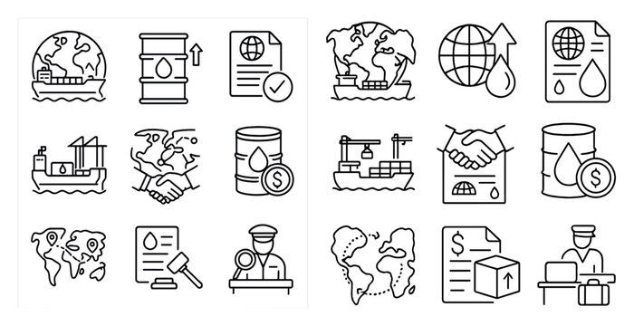 Collection of symbols that represent various aspects of the oil industry, such as a ship, a dollar sign, and a globe. The icons also include a man in a suit
