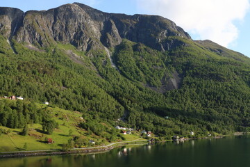 View of the landscape from the Lustrafjorden fjord, between Skjolden and Luster, Vestland County, Norway