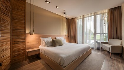 cozy hotel bedroom with inviting bedding and wooden accents for relaxation