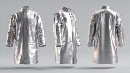 Silver aluminized foundry coat mockup with front, side, and back views showing reflective heat-protective design