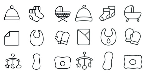 Set of baby items including a blanket, hat, and bib. The items are arranged in a grid, with each item separated by a small space