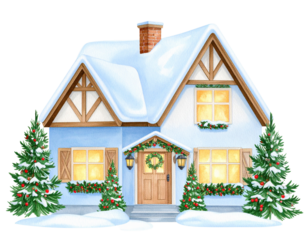 Watercolor winter house, christmas illustration, png