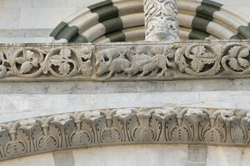 Carved frieze with foliage, animals, and human figure in combat, San Martino Cathedral, Lucca,...