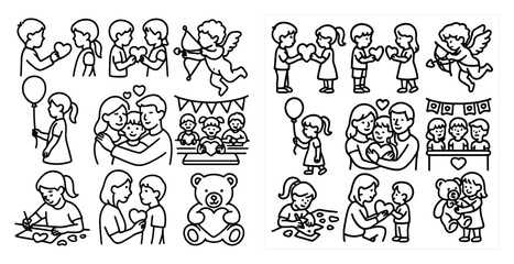 Fototapeta premium Collection of black and white drawings of children and adults. The drawings depict various scenes of people giving and receiving gifts, such as balloons, teddy bears, and balloons