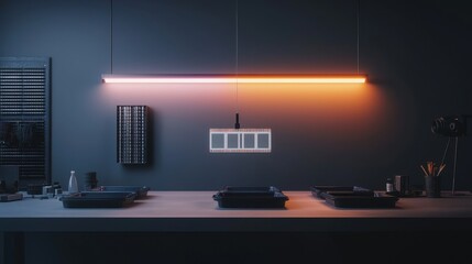 Dimly Lit Film Development Workspace with Colorful Neon Lights and Modern Equipment