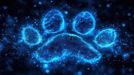 Digital paw print design in glowing blue particles.