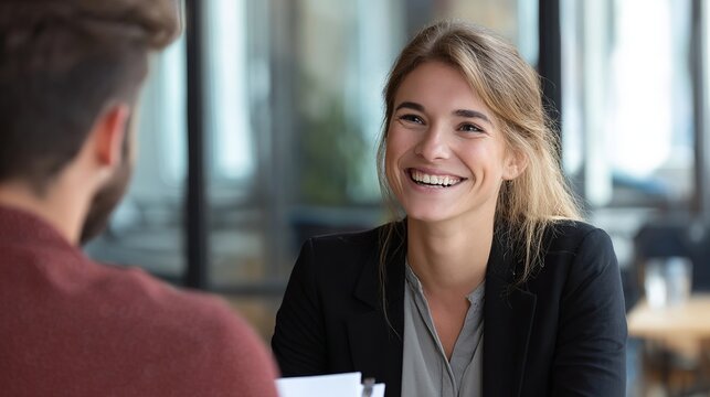 Optimistic young woman smiling brightly during a business meeting, displaying her confidence in a professional setting.