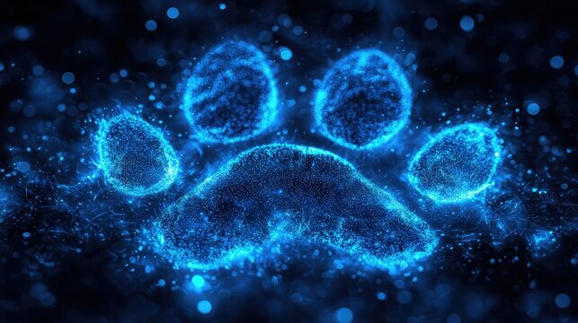 Digital paw print design in glowing blue particles.