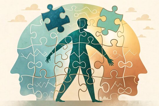 Human silhouette formed by puzzle pieces within two abstract heads isolated on white background