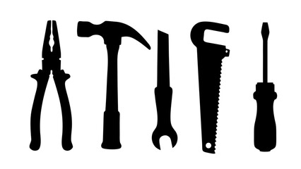 Construction Tool Silhouettes PNG – Hammer, Saw, Drill, Wrench, Tape Measure – Transparent Background Icons