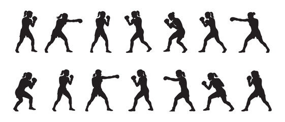 Black silhouette of female boxer in various boxing poses, isolated on white background, graphic illustration. concept of athlete, sport, fitness, martial arts, design element