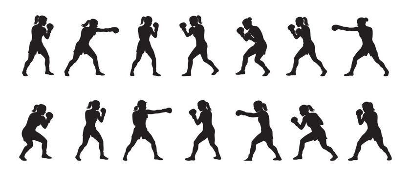 Black silhouette of female boxer in various boxing poses, isolated on white background, graphic illustration. concept of athlete, sport, fitness, martial arts, design element