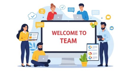 Illustration of individuals working near a monitor displaying welcome to team