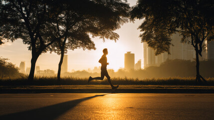 Jogging at Sunrise – Active Healthy Lifestyle. A man jogging in the early morning light in an urban park. Silhouetted figure in motion, symbolizing energy, motivation, and mental clarity.