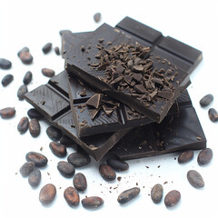 Delicious dark chocolate bars and cocoa beans isolated on white background