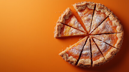 Delicious peach tart on vibrant orange background with copyspace for dessert promo, recipes, menu