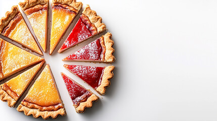 Delicious fruit tart slices on white background for culinary presentation, menu design, bakery banner