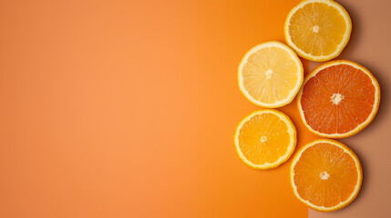 Colorful citrus slices on orange background with empty space for bright summer designs