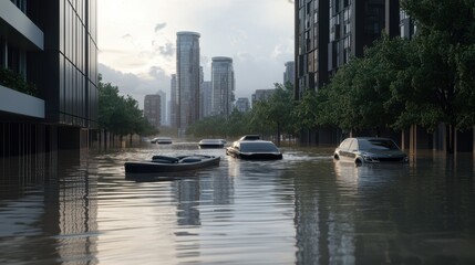 Futuristic City Struggling with Rising Floodwaters Amidst Urban Landscape