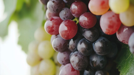 Closeup of fresh bunches of red and black grapes hanging on green leaf vine for autumn harvest concept