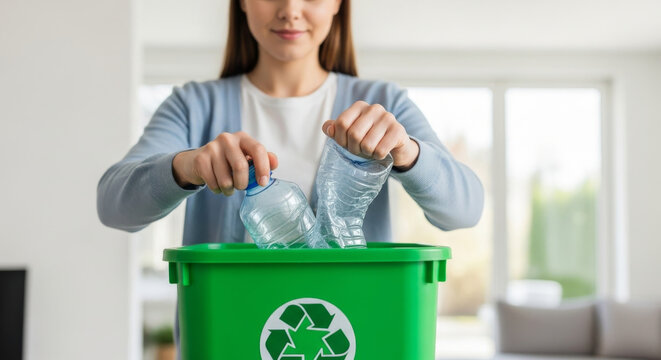 Woman crushing plastic water bottles and putting them into a green recycling bin for waste sorting and sustainability at home
