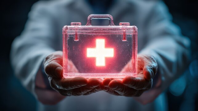 A red first aid kit with a medical cross symbol, an essential healthcare emergency aid box